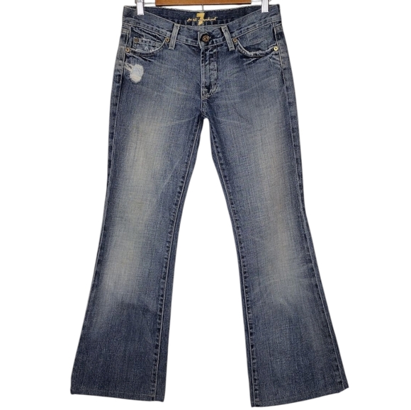 7 For All Mankind Y2k Blue Denim Distressed Flare Wide Leg Jeans Sz 27 - Picture 1 of 16